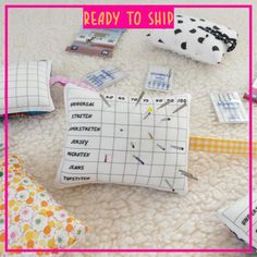 sewing supplies laid out on the floor with text reading ready to ship