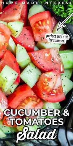 cucumber and tomato salad in a bowl with herbs on the side text overlay