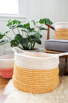 two baskets sitting on top of a wooden table next to a plant in a pot