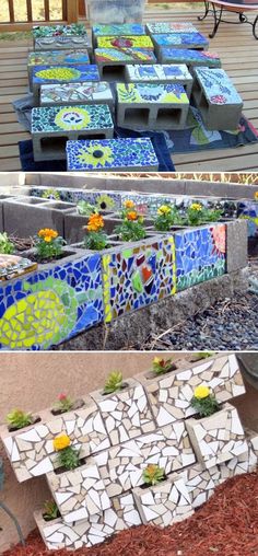 several different types of mosaic tiles on the ground and in front of a bench with flowers growing out of them