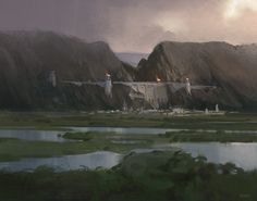 an artist's rendering of a landscape with mountains in the background and a lake below