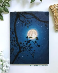 a painting of a full moon on a blue night sky with trees and flowers in the foreground