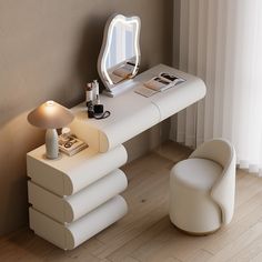 a white desk with a mirror and lamp on top of it next to a chair