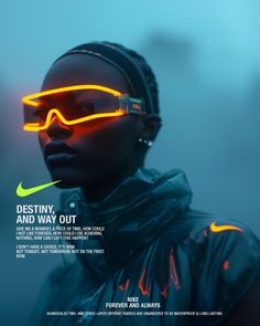 a woman wearing neon glasses with the words, destroy out and way out on it