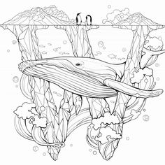 a whale swimming in the ocean surrounded by plants and rocks, with two birds perched on top