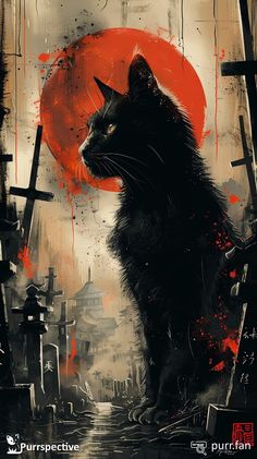 a black cat sitting in front of a red sun