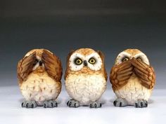 three little owls sitting next to each other