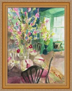 a watercolor painting of flowers in a vase on a dining room table by a window