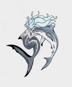 a drawing of a mermaid sitting on top of a dolphin's tail with her hair blowing in the wind