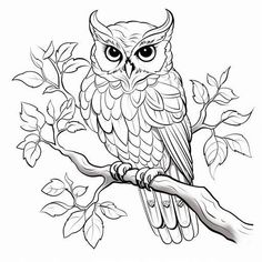 an owl sitting on a branch with leaves