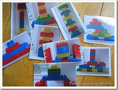 legos are arranged on top of each other in different shapes and sizes, including one with