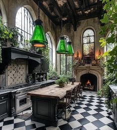 an old fashioned kitchen with black and white checkered flooring, green pendant lights over the stove