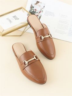 Metal Decor Flat Mules H&m Shoes Women, Women Flats Shoes, Half Shoes For Women, Formal Shoes Women, Mules Shoes Outfit, Elegant Shoes Flat, Mules Women, Brown Mules, Office Shoes Women