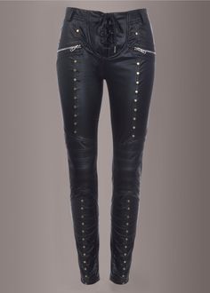 leather pants with studs Rockstar Fashion, Black Lace Choker Necklace, Goth Pants, Glitter Pants, Black Faux Leather Pants, Black Velvet Leggings, Badass Outfit, Tight Leather Pants, Black Lace Choker