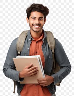 a young man holding a book and smiling at the camera, transparent background png