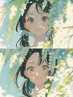 two images of a woman with flowers in her hair and the same image as an anime character