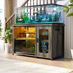 a fish tank sitting on top of a wooden cabinet next to a plant in a living room