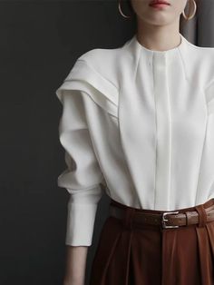 UOOZEE Elegant Collared Blouse With Pleated Sleeves, White Pleated Sleeves Blouse For Office, Elegant White Top With Pleated Sleeves, Luxury Elegant Pleated Shirt, Shomiz Blouses, Elegant Button-up Top With Pleated Sleeves, Blusas Top, Women Office, Dolman Sleeve Tops