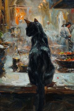 a painting of a black cat sitting on a table