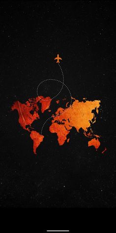 an airplane is flying over the world on a black and orange background with space for text