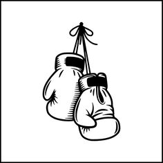 two boxing gloves hanging from a hook on a string, black and white drawing by hand