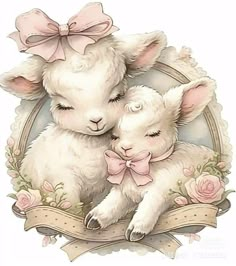 two little lambs hugging each other with pink bows on their heads