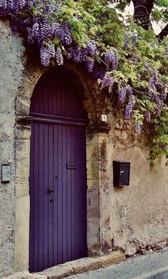 an old stone building with purple doors and wisters growing on it