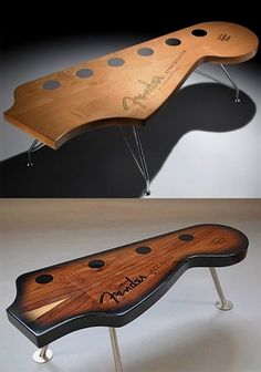 a wooden bench with holes in the top and bottom, as well as an image of a guitar