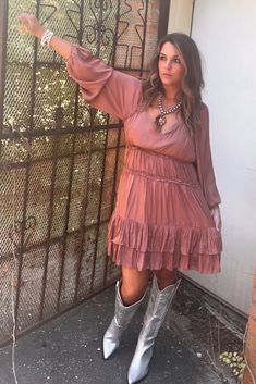 Dinner by Moon Light Dress Dress With Boots Plus Size, Moon Light Dress, Plus Size Cowboy Boots Outfit, Romantic Fall Outfits, Dress And Cowgirl Boots, Autumn Wedding Guest, Country Western Dresses, Valentines Dance, Fall Country Wedding