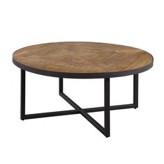 an oval wooden table with black metal legs and a wood top, on a white background