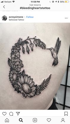 a woman's stomach with a bird flying over it and flowers on the side