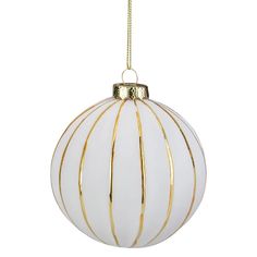 a white and gold ball ornament hanging from a golden chain on a white background