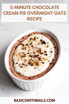 chocolate cream pie protein overnight oats recipe in a white bowl with text overlay