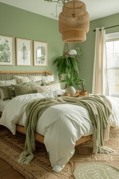 a bedroom with green walls and white bedding