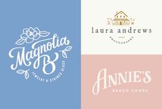 four logos for baked goods, including cakes and pies with the name's logo