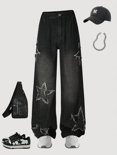 Teen Boy Retro Loose Fit Black Baggy Jeans With Star Embroidery Patches, Casual Streetwear Black    Denim Geometric,Plain Straight Leg Non-Stretch  Teen Boys Clothing, size features are:Bust: ,Length: ,Sleeve Length: Baggy Star Jeans, Cute Baggy Clothes, Black Denim Jeans Outfit, Emo Pants, Emo Jeans, Black Baggy Jeans, Stray Kids Outfits, Tomboy Jeans