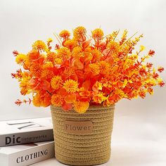 an orange flower in a basket next to two books