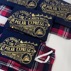 *If the size you require is not in stock please pop a message over - we are taking delivery of these every couple of days :-)* Are you off on the Polar Express this year with the family? Then you need matching outfits for sure! These t-shirts are made with 100% dedication and love.  The intricate design makes them extremely eye catching too. Personalised with your name, you will certainly get some great family photos and make lasting memories this year! The t-shirts are short sleeve, 100% cotton with a crew neck collar. Tartan bottoms have a fully elasticated waistband and also 100% cotton making them super comfortable. Children's bottoms - 0-6m / 6-12m / 12-18m / 18-24m / 24-36m / 3-4y / 5-6y / 7-8y / 9-10y / 11-12y / 13 years. Adult ladies bottoms - 6 / 8 / 10 / 12 / 14 / 16 / 18 / 20 Ad Polar Express T Shirt Ideas, Polar Express Pjs, Polar Express Matching Pajamas, Polar Express Shirts Vinyl, Polar Express Dress Up Ideas, Polar Express Sweatshirt, Polar Express Shirt Ideas, Christmas T Shirt Ideas Family, Polar Express Pajamas