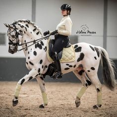 a woman riding on the back of a white and black spotted horse in an arena