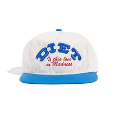 Diet Starts Monday Madness Hat (Cream/Blue/Red) - Diet Starts Monday White Embroidered Flat Bill Hat, White Embroidered Cotton Baseball Cap, Retro White Baseball Cap With Embroidered Logo, Vintage White Baseball Cap For Summer, White Embroidered Flat Bill Baseball Cap, Vintage White Hat With Embroidered Logo, White Vintage Hat With Embroidered Logo, White Flat Bill Baseball Cap For Spring, White Embroidered Baseball Cap With Flat Brim