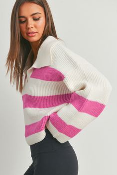 DETAILS: ♡ Stripe Drop Shoulder with Wide Collar Sweater - a perfect blend of comfort and style! This trendy sweater features eye catching stripes and a chic wide collar, making a bold statement effortlessly. ♡ Model is wearing a size Medium ♡ 42% Acrylic, 28% Polyamide, & 30% Polyester Trendy Sweater, Trendy Sweaters, Casual Preppy Outfits, Cute Preppy Outfits, Collar Sweater, Oversized Sweater, Dream Clothes, Preppy Outfits, Striped Knit