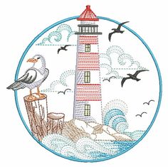 a lighthouse with seagulls and birds on it in the middle of a circle