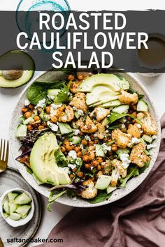 roasted cauliflower salad with avocado and chickpeas