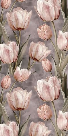 a painting of pink tulips on a gray background