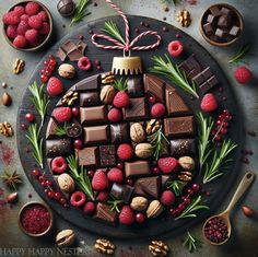 chocolates, raspberries and nuts are arranged on a platter with christmas decorations