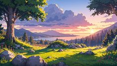 a painting of the sun setting over a mountain range with trees and grass in front of it