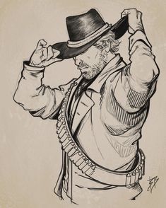 a black and white drawing of a man wearing a hat with his arm in the air