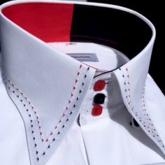 Morcouture White Red Black Stitch High Collar Shirt. 100% Cotton, Alternating Red And Black Square Buttons, French Cuffs, Hidden Button Down Collar. Shirt Is Full Regular Fit. Designer Fitted Red Shirt, Designer Red Fitted Shirt, Designer Fitted White Shirt, Designer White Collared Top, Luxury White Tops With Buttons, Luxury White Buttoned Top, Luxury White Top With Buttons, Designer Red Long Sleeve Shirt, Designer Red Formal Tops