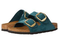 Birkenstock Arizona Big Buckle - Women's Shoes : Dark Teal Nubuck : Understanding Widths: The Regular icon (outlined foot) accommodates Regular to Wide. The Narrow icon (filled in foot) accommodates Narrow to Regular widths. Relax and slip into the comfort that is the classic and iconic Arizona Big Buckle, your feet will thank you! Rich suede uppers with an open toe. Slip-on style sandal features dual straps with adjustable, oversized buckles. Soft and breathable leather linings help wick away m Teal Sandals, Birkenstock Arizona Big Buckle, Arizona Big Buckle, Beige Fashion, Birkenstock Women, Birkenstock Arizona, Dark Teal, Fashion Aesthetic, Nubuck Leather