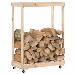 a stack of logs sitting on top of a wooden rack next to a pile of wood